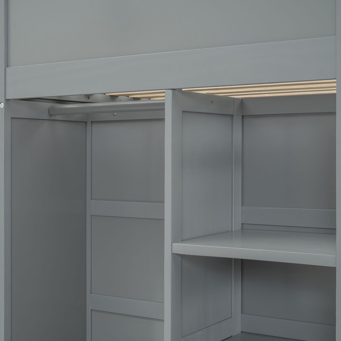 Twin Size Loft Bed With Desk, Wardrobes, 4 Drawers And 4 Shelves Construction - Gray