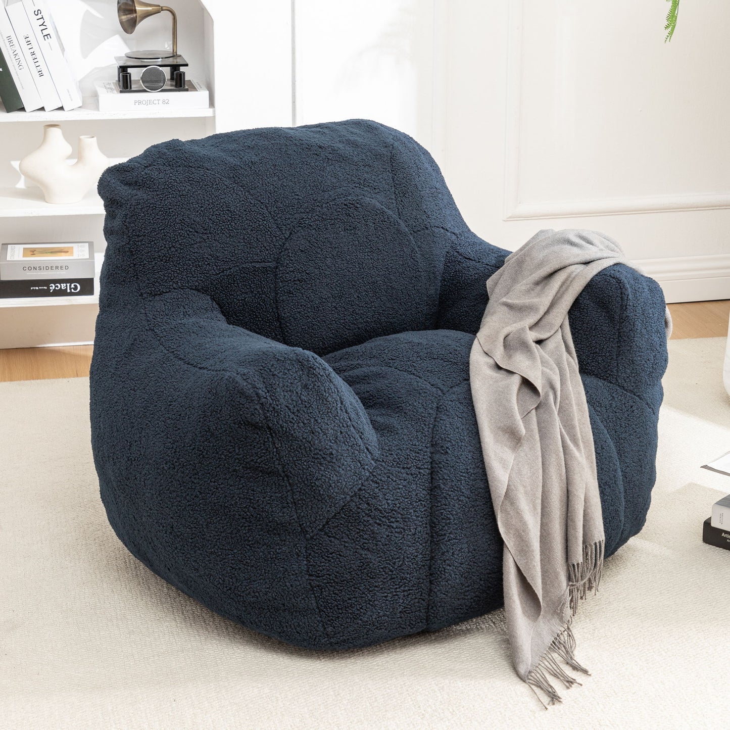Comfy Bean Bag Chair With Filler, Tufted Memory Foam Sofa, Teddy Fabric, Fluffy And Cozy Seating For Dorm, Apartment, Or Living Room - Dark Blue