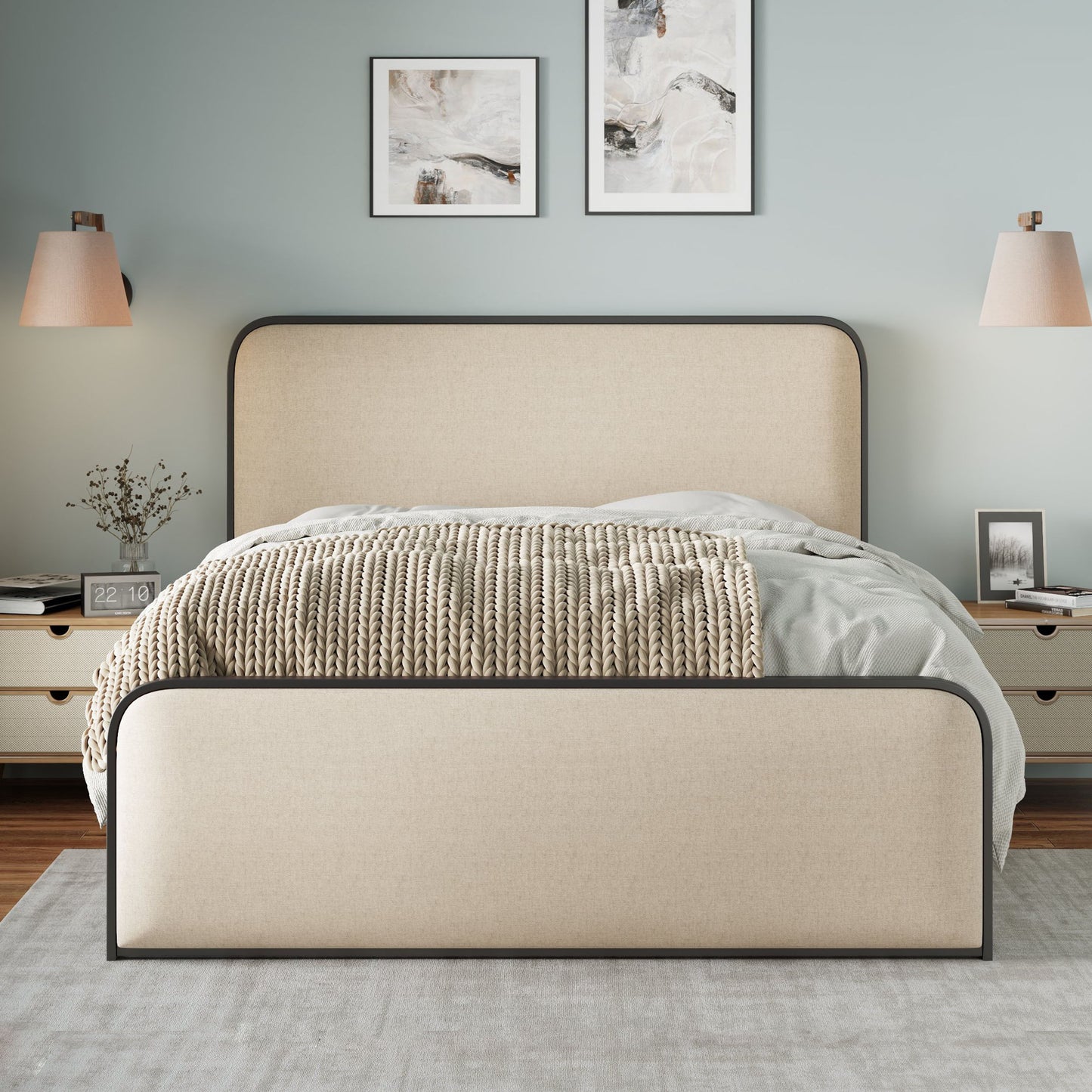 Modern Metal Bed Frame With Curved Upholstered Headboard And Footboard Bed With Under Bed Storage, Heavy Duty Metal Slats, King Size - Beige