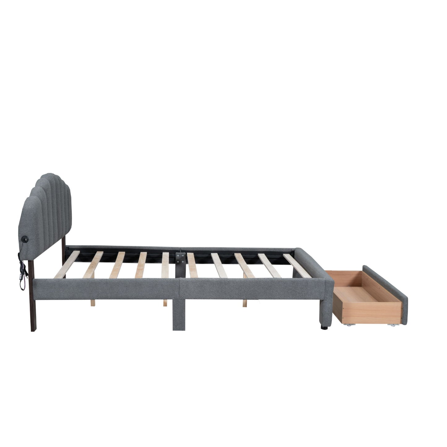 Queen Size Upholstered Platform Bed With Drawer - Gray