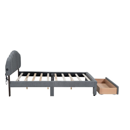 Queen Size Upholstered Platform Bed With Drawer - Gray