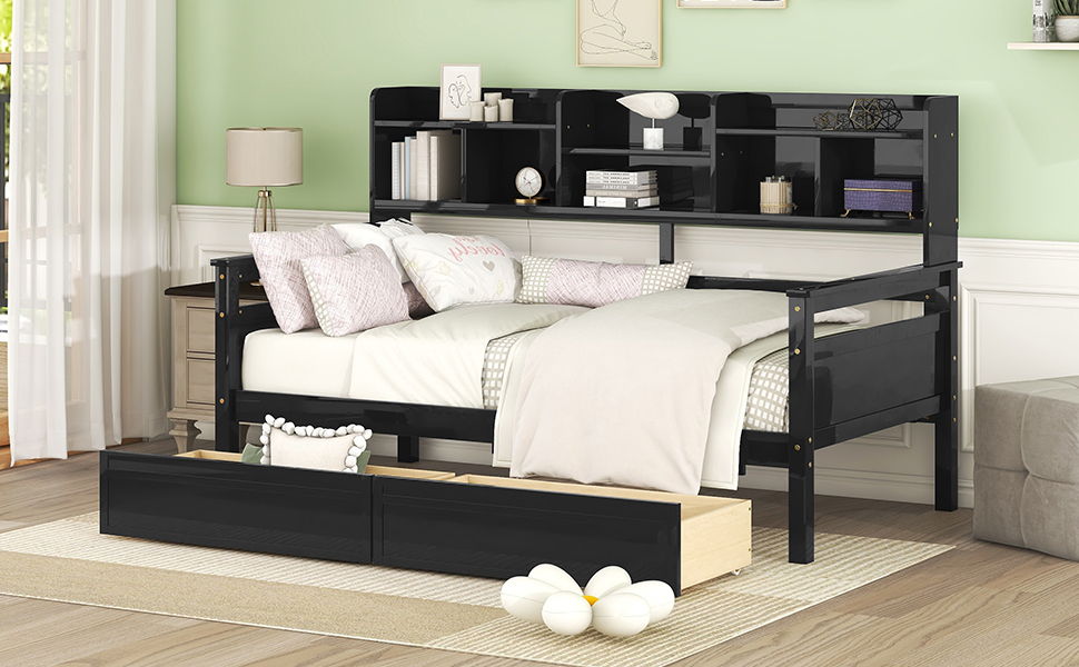 Twin Size Daybed, Slat Support, With Bedside Shelves And 2 Drawers - Espresso