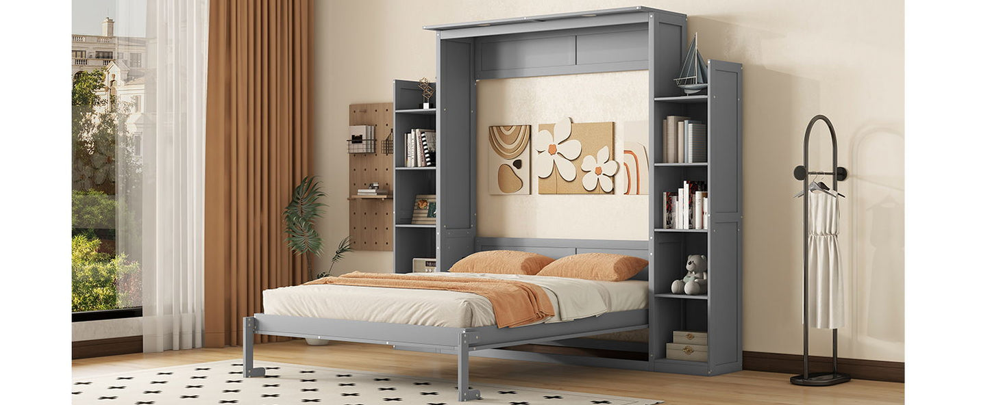 Queen Size Murphy Wall Bed With Shelves And LED Lights - Gray