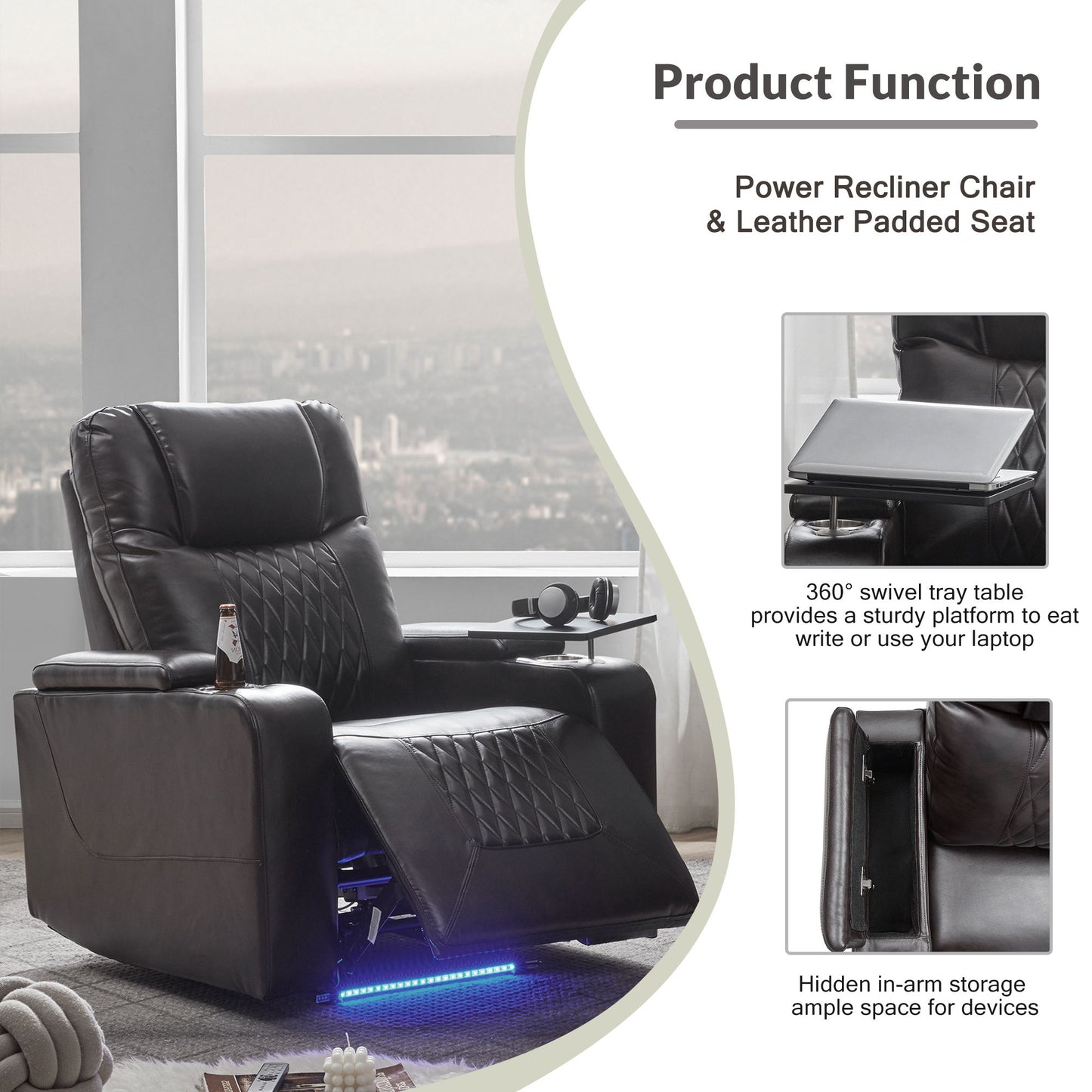 Power Motion Recliner With USB Charging Port And Hidden Arm Storage 2 Convenient Cup Holders Design And 360 Degree Swivel Tray Table - Black
