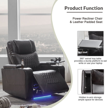 Power Motion Recliner With USB Charging Port And Hidden Arm Storage 2 Convenient Cup Holders Design And 360 Degree Swivel Tray Table - Black