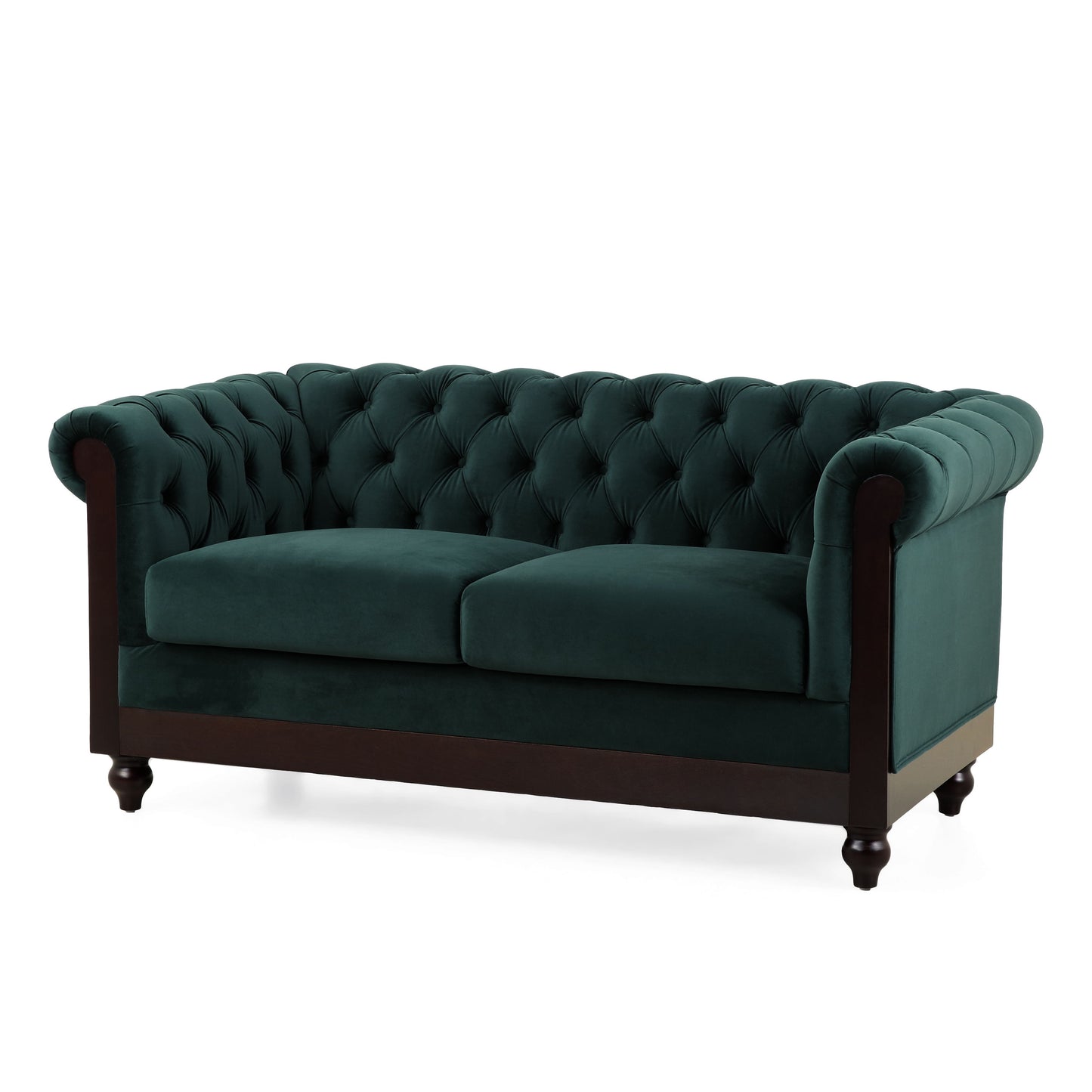 Chesterfield Velvet Loveseat Sofa 2 Person Rolled Arm Upholstered Couch - Forest Green