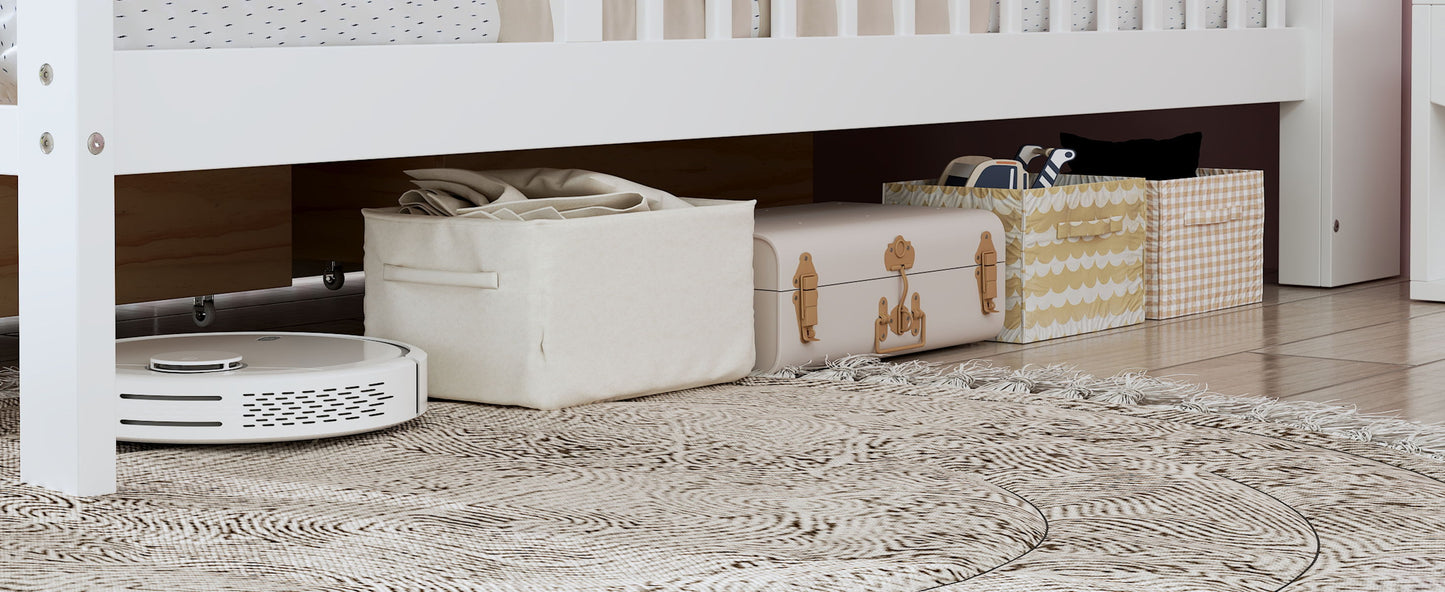 Twin Size Bed With Headboard Storage Rack, 2 Under Bed Drawers, 3 - Side Guardrails For Safety And Security - White
