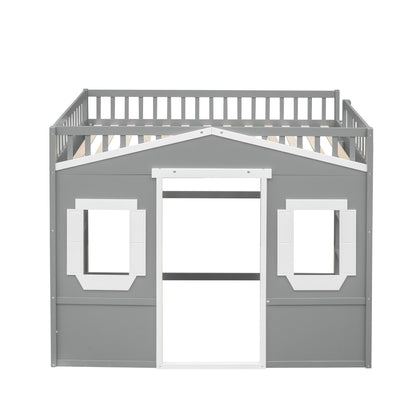 Full Size House Loft Bed With Ladder - Gray / White