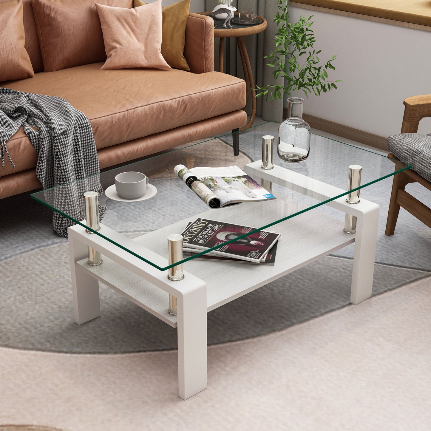 Modern Rectangular Coffee Table & Tempered Glass Top Layer, Table For Living Room - Transparent