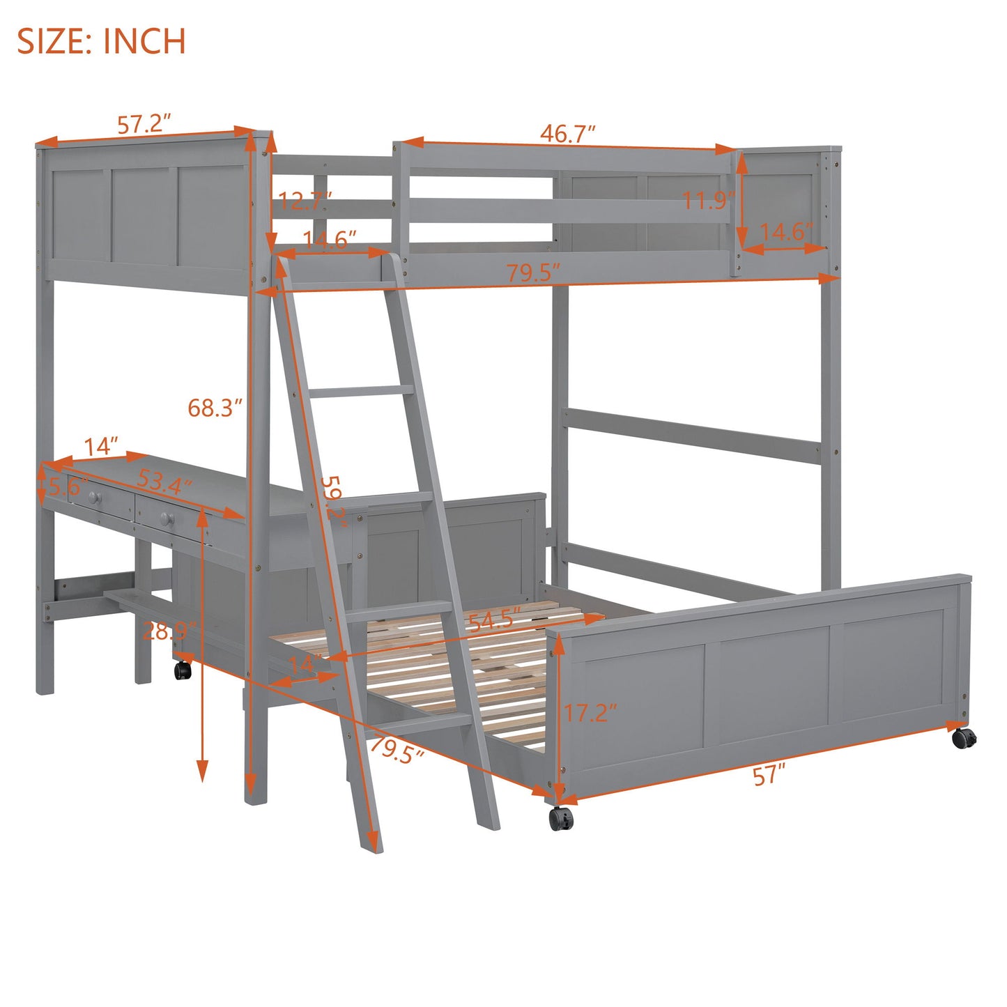 Full Over Full Bunk Bed With Desk - Gray