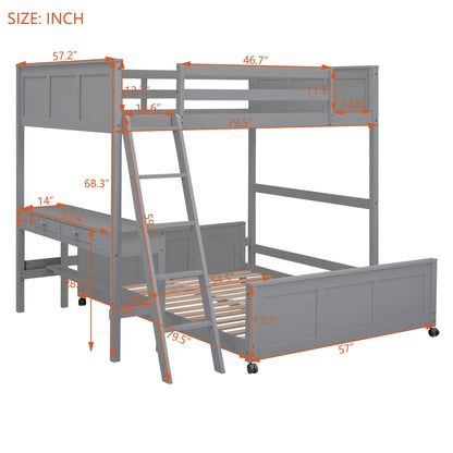 Full Over Full Bunk Bed With Desk - Gray