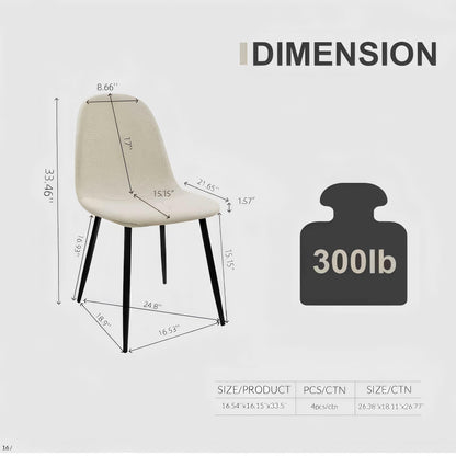 Modern Dining Chairs (Set of 4) With Linen Fabric Upholstered Seat, Spoon Shape Design - Black / Beige