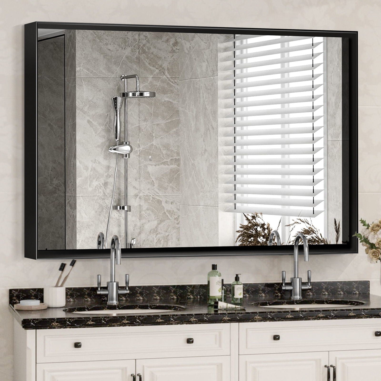 Glossy Bathroom Mirrors For Wall Rectangle Vanity Mirror Corner Hangs Farmhouse Mirror Modern Metal Framed Rectangular Mirror, Decorative Square Corner Mirror (Horizontal & Vertical) - Black