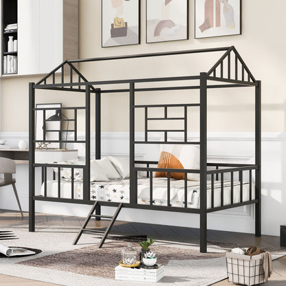 House Bed Frame Twin Size With Slatted Support No Box Spring Needed - Black