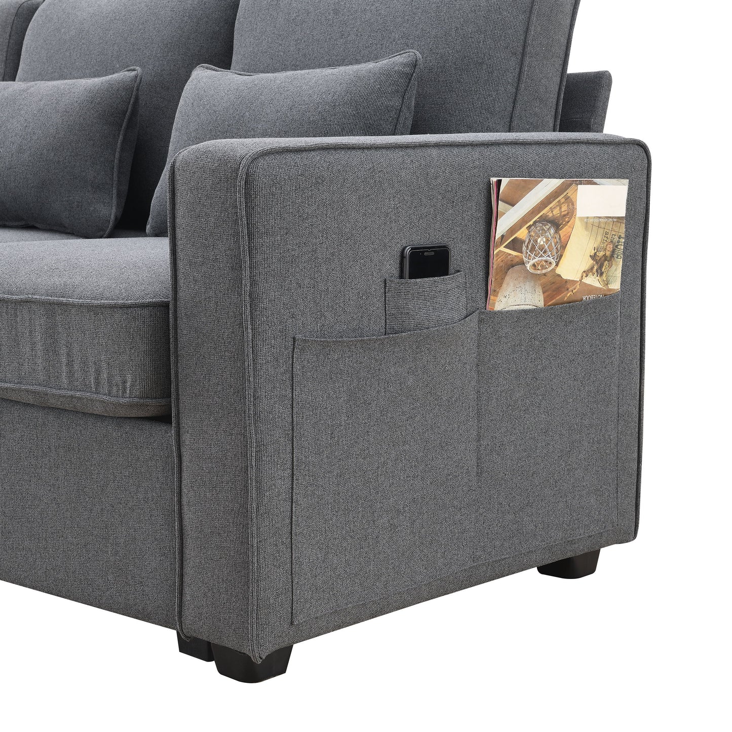 4 Seater Modern Linen Sofa With Armrest Pockets And 4 Pillows, Minimalist Style Couch - Dark Gray