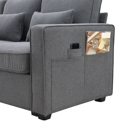 4 Seater Modern Linen Sofa With Armrest Pockets And 4 Pillows, Minimalist Style Couch - Dark Gray
