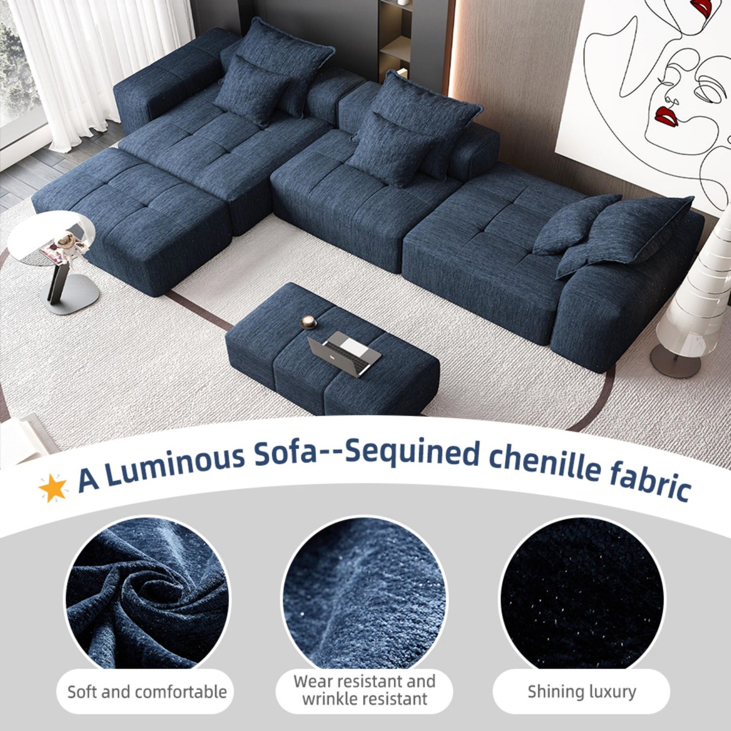 Modern Oversized Modular Sectional Sofa, Sparkling Chenille Soft Cushion Sofa With 6 Pillows, 6 Pieces Diy Combination Tufted Sofa, No Assembly Required - Blue