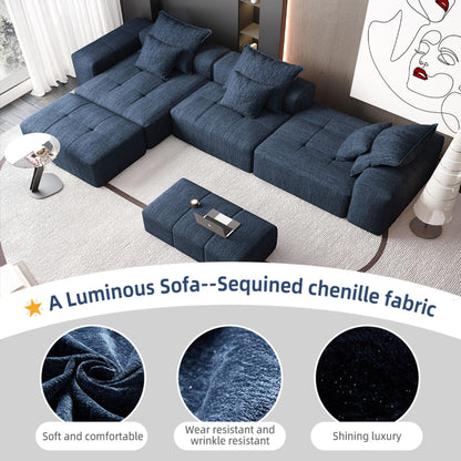 Modern Oversized Modular Sectional Sofa, Sparkling Chenille Soft Cushion Sofa With 6 Pillows, 6 Pieces Diy Combination Tufted Sofa, No Assembly Required - Blue