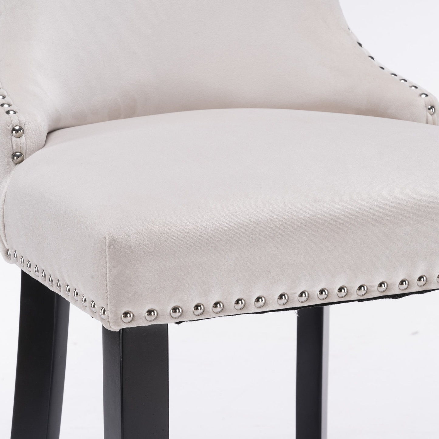 Contemporary Velvet Upholstered Wing-Back Barstools With Button Tufted Decoration And Wooden Legs, And Chrome Nailhead Trim, Leisure Style Bar Chairs, Bar Stools (Set of 4) - Beige