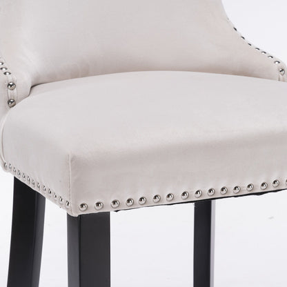 Contemporary Velvet Upholstered Wing-Back Barstools With Button Tufted Decoration And Wooden Legs, And Chrome Nailhead Trim, Leisure Style Bar Chairs, Bar Stools (Set of 4) - Beige