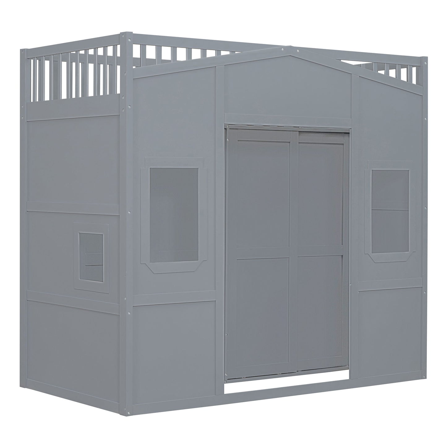 Twin Size House Loft Bed With Ladder And Wardrobe - Gray