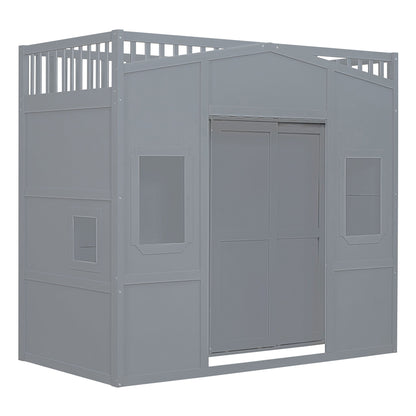 Twin Size House Loft Bed With Ladder And Wardrobe - Gray