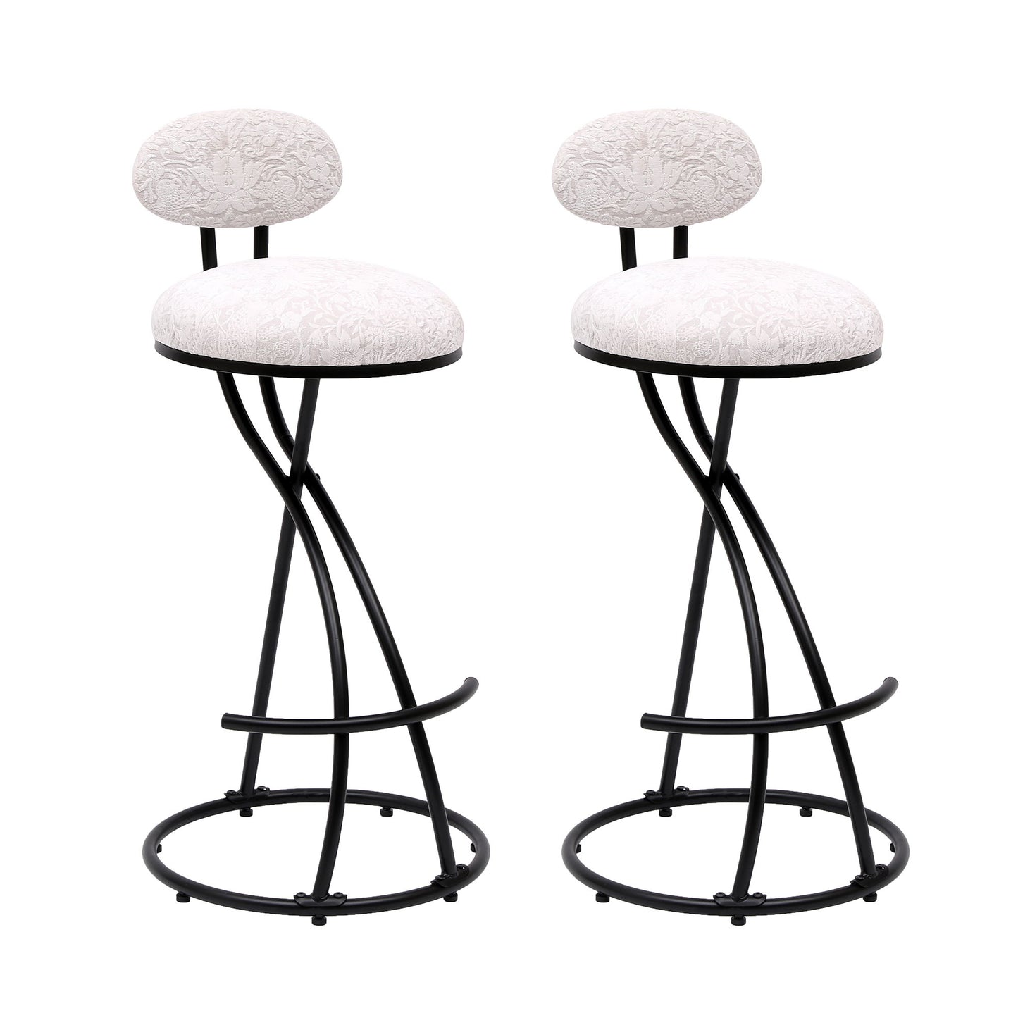 Round Print Bar Stools (Set of 2) Metal Upholstered Chairs For Kitchen Island & Dining Rooms - Black & White Print