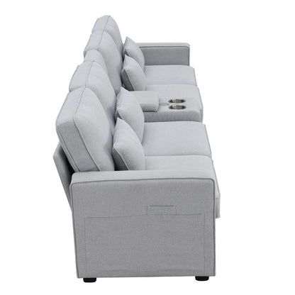 Upholstered Sofa With Console, 2 Cupholders And 2 USB Ports Wired Or Wirelessly Charged, Modern Linen Fabric Couches With 4 Pillows (4 Seat) - Light Gray