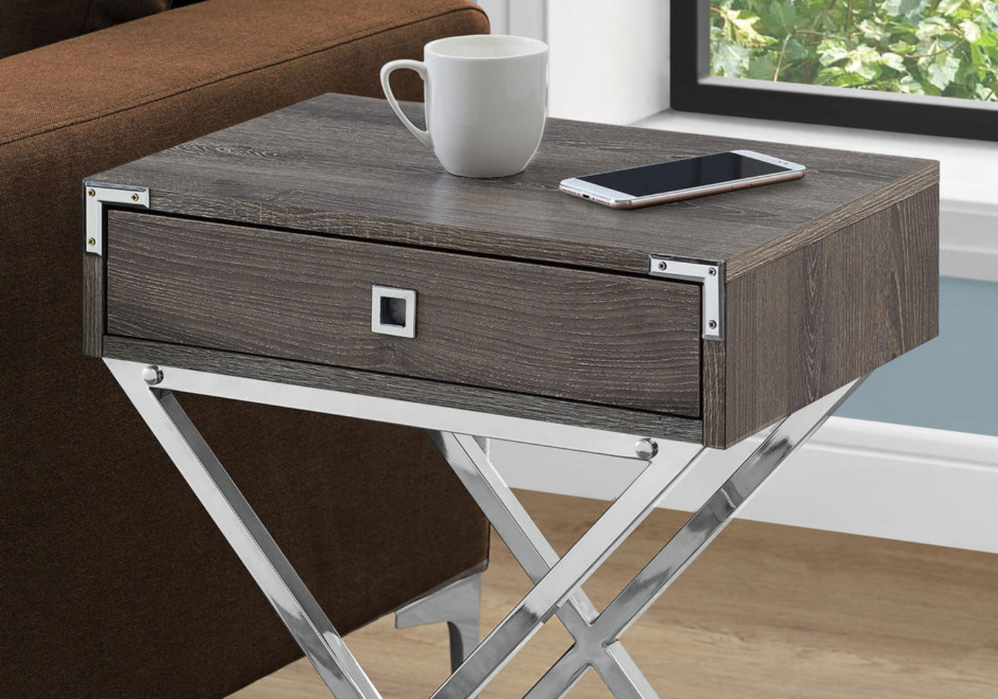 Accent Side Table, Storage Drawer - Taupe