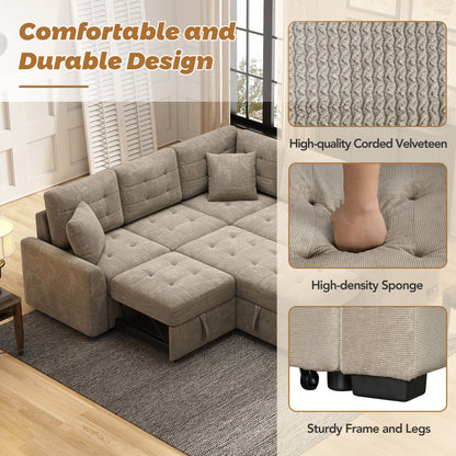 L-Shape Sofa Bed Pull-Out Sleeper Sofa With Wheels, USB Ports, Power Sockets For Living Room - Khaki