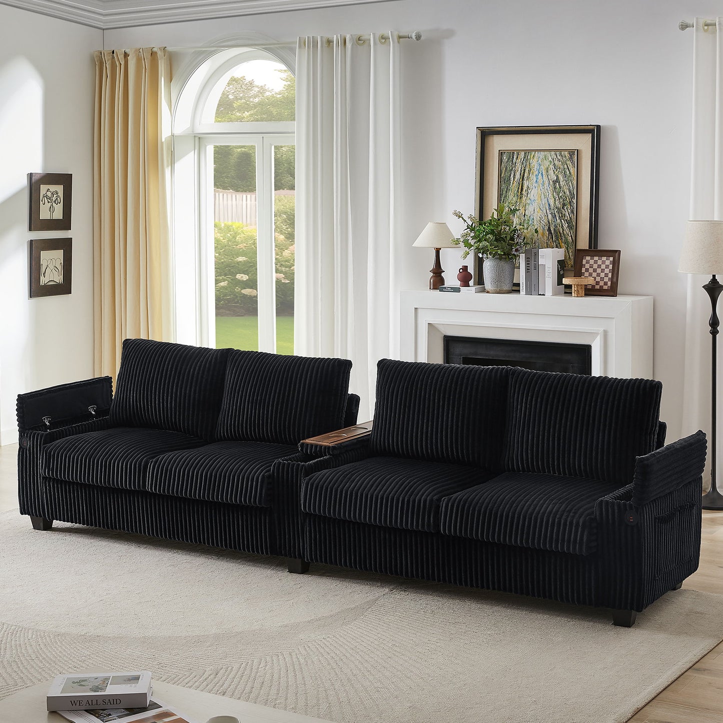 Modern 4 Seater Corduroy Sofa Couch With USB Ports And Hidden Storage - Black