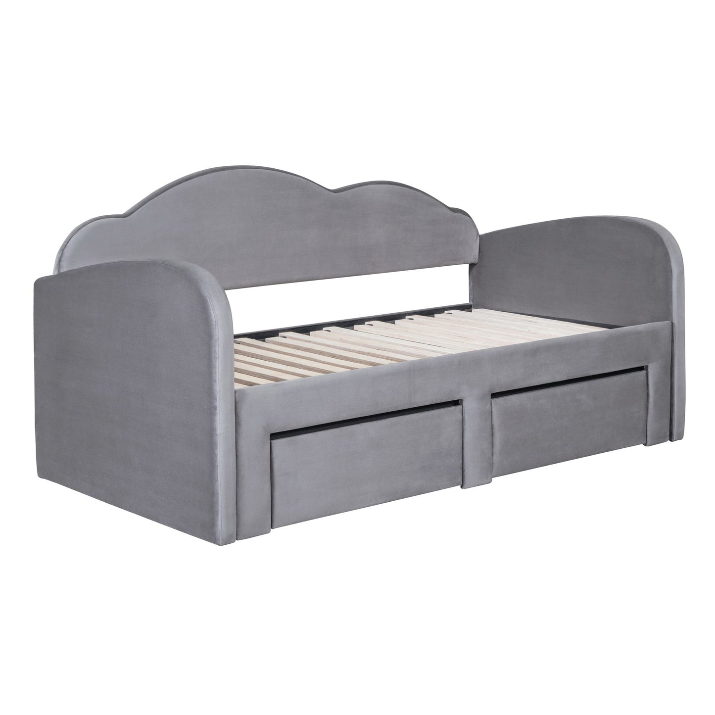 Twin Size Upholstered Daybed With Cloud-Shaped Backrest, Trundle & 2 Drawers And USB Ports - Gray