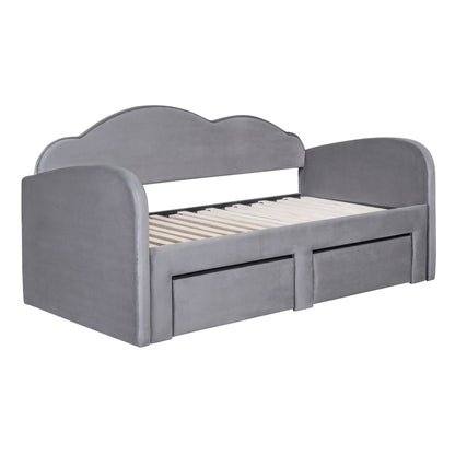 Twin Size Upholstered Daybed With Cloud-Shaped Backrest, Trundle & 2 Drawers And USB Ports - Gray