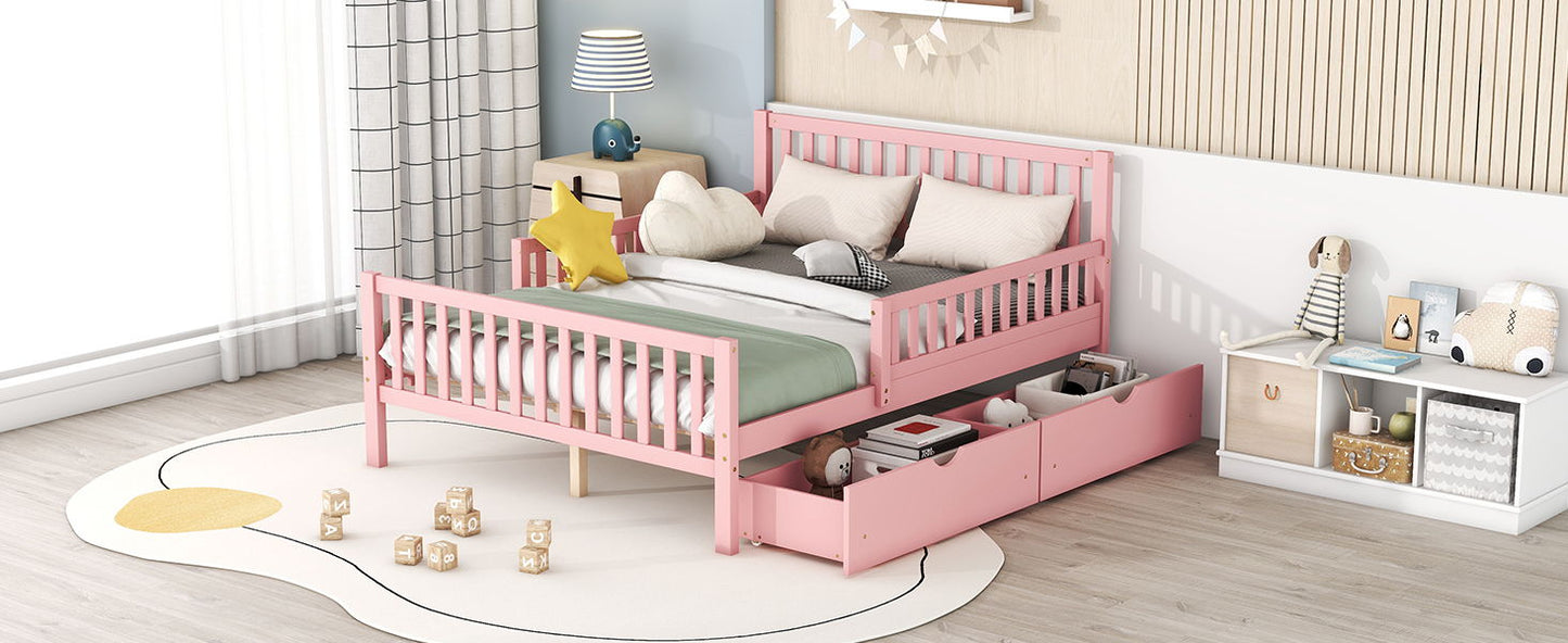 Full Size Platform Bed With Guardrails On Both Sides And 2 Storage Drawers - Pink