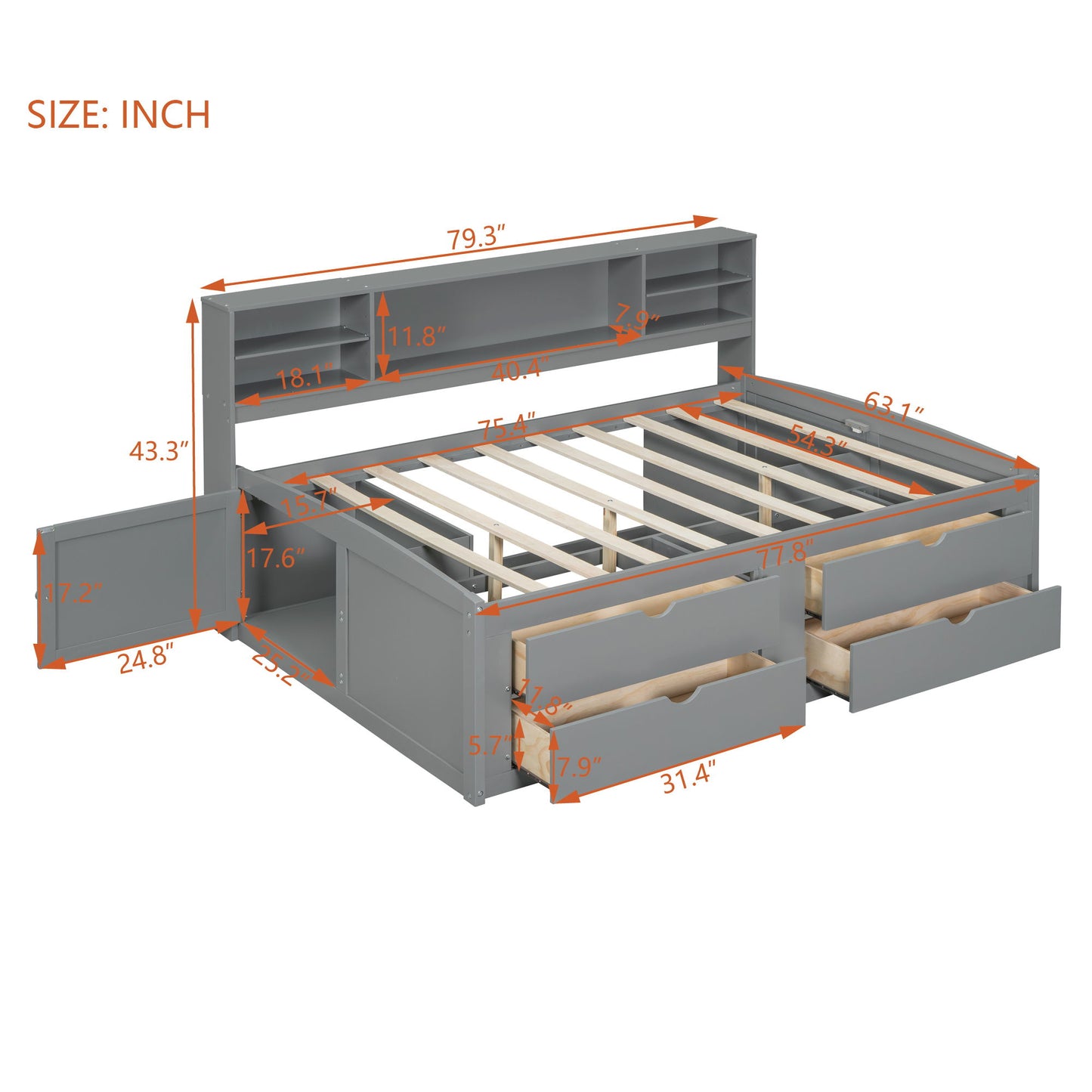 Full Size Daybed With 2 Bedside Cabinets, Upper Shelves And 4 Drawers - Gray
