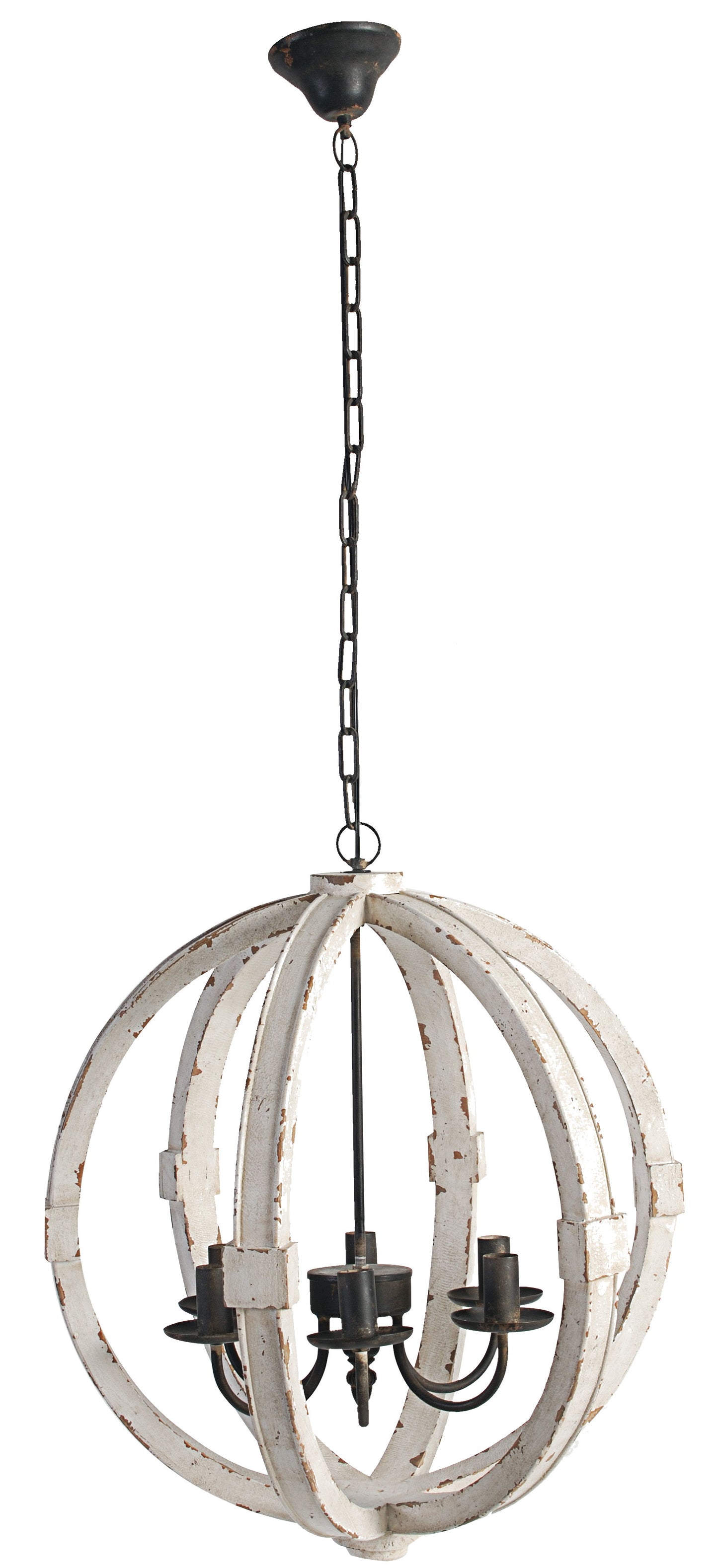 6 Light Wood Chandelier, Hanging Light Fixture With Adjustable Chain For Kitchen, Bulb Not Included - White