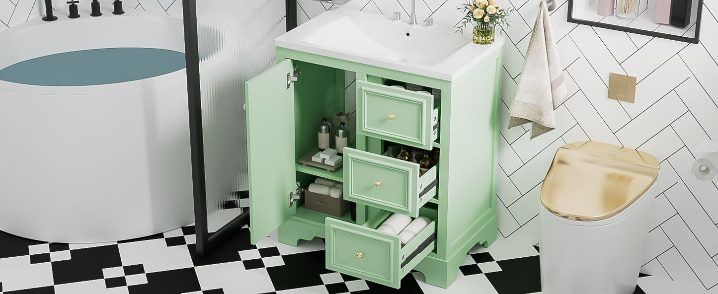 Bathroom Vanity Cabinet With Ceramic Basin, 3 Drawers And Adjustable Shelves - Green