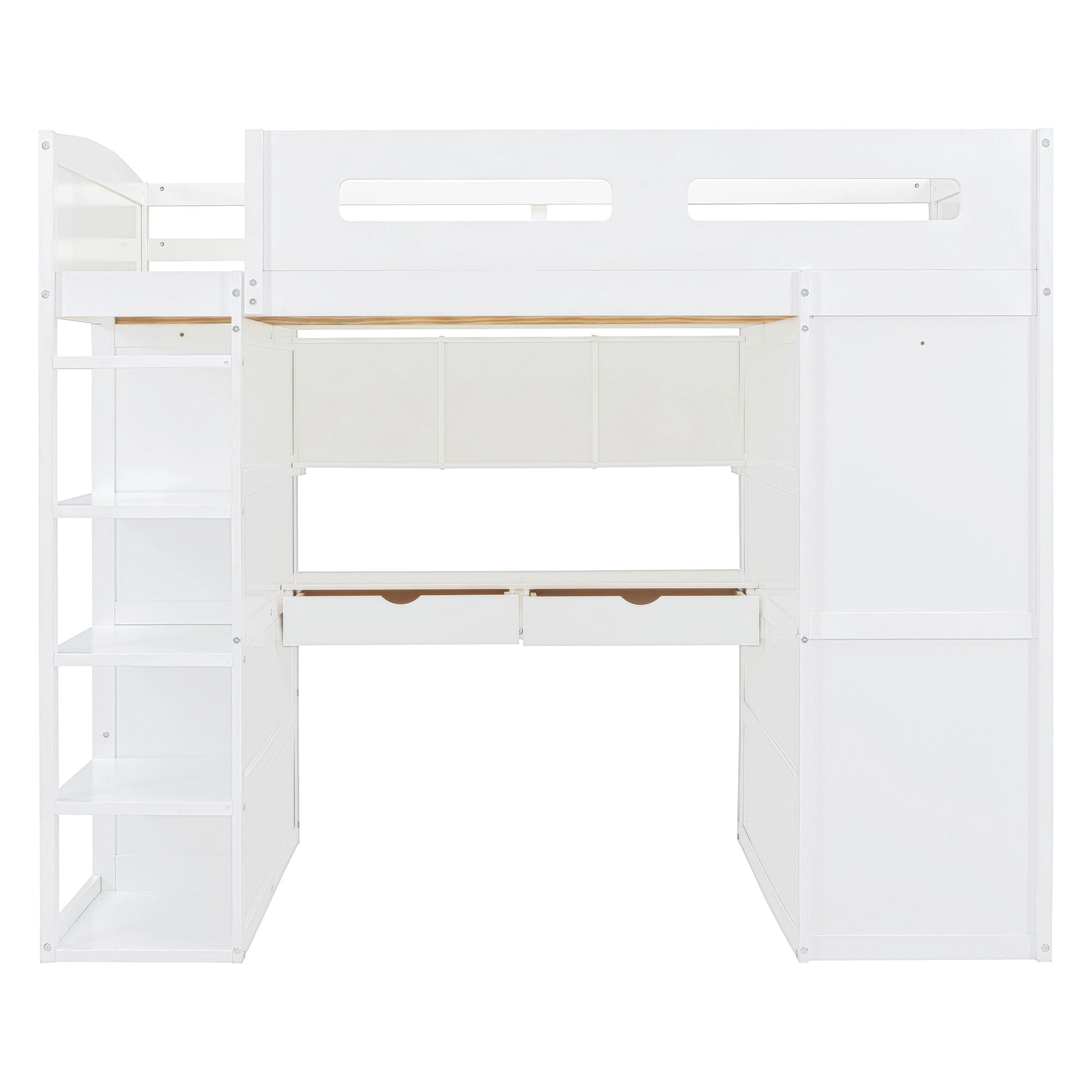 Full Size Loft Bed With Desk, Wardrobes, 4 Drawers And 4 Shelves - White