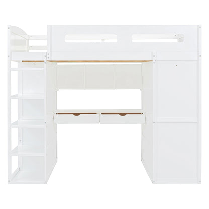 Full Size Loft Bed With Desk, Wardrobes, 4 Drawers And 4 Shelves - White