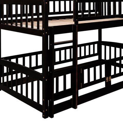 Twin Over Twin Low Bunk Bed With Slide, Fence And Ladder - Espresso