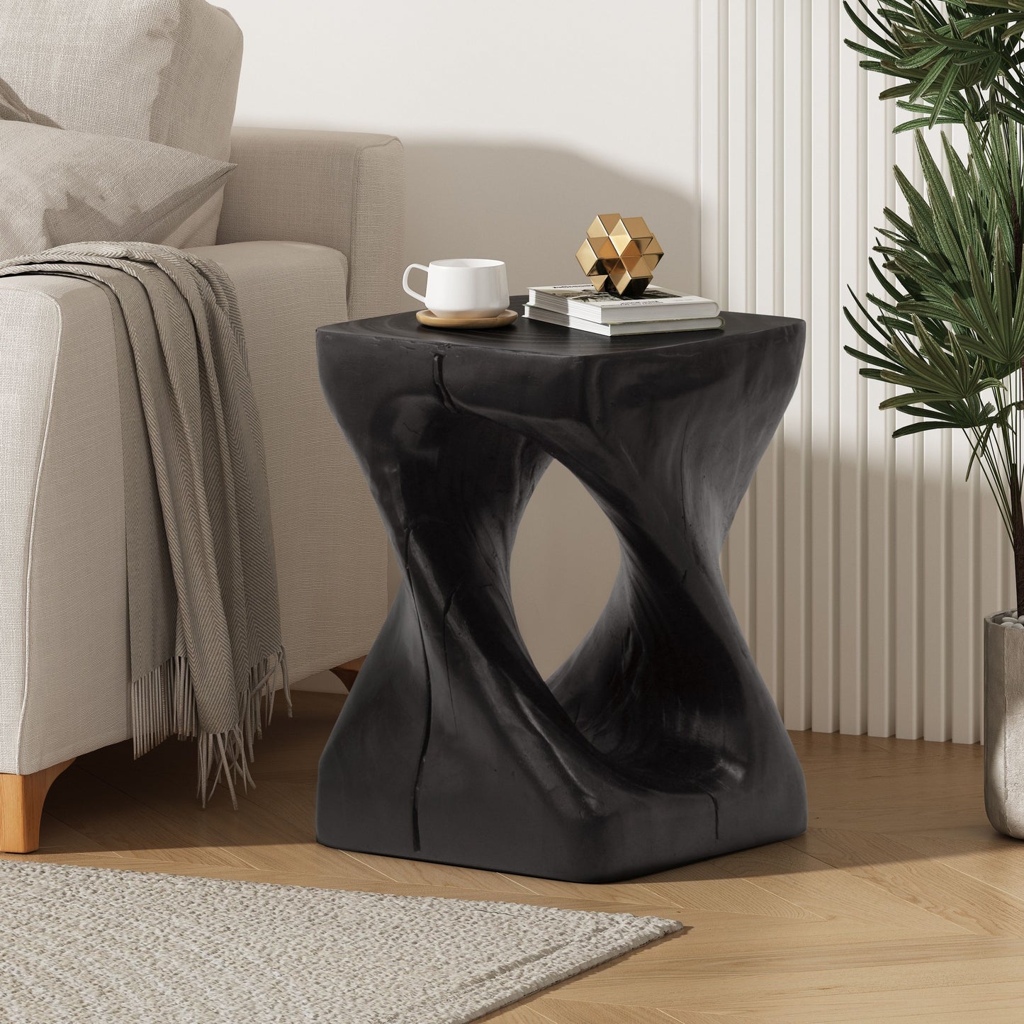 Mgo Twist Shape Side Table With Wood - Like Texture - Black