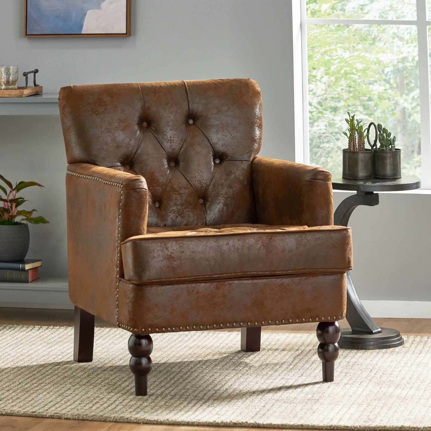 Vitality - Club Chair With Button Tufted Diamond Stitching And Turned Legs - Brown