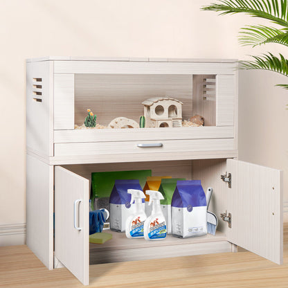 Guinea Pig Cages, Hamster Cage Wood With Independent Storage Cabinet, House For Rat Chinchilla With Guinea Pig Hutch And Bridge, Openable Top With Acrylic Sheets - Natural Wood