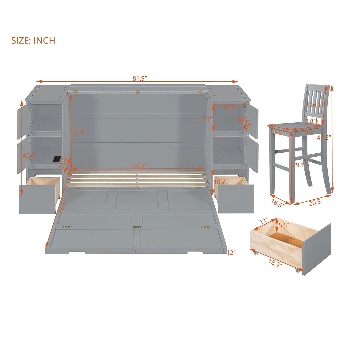 Full Size Murphy Bed With Drawers, Cabinets, And USB Ports - Gray