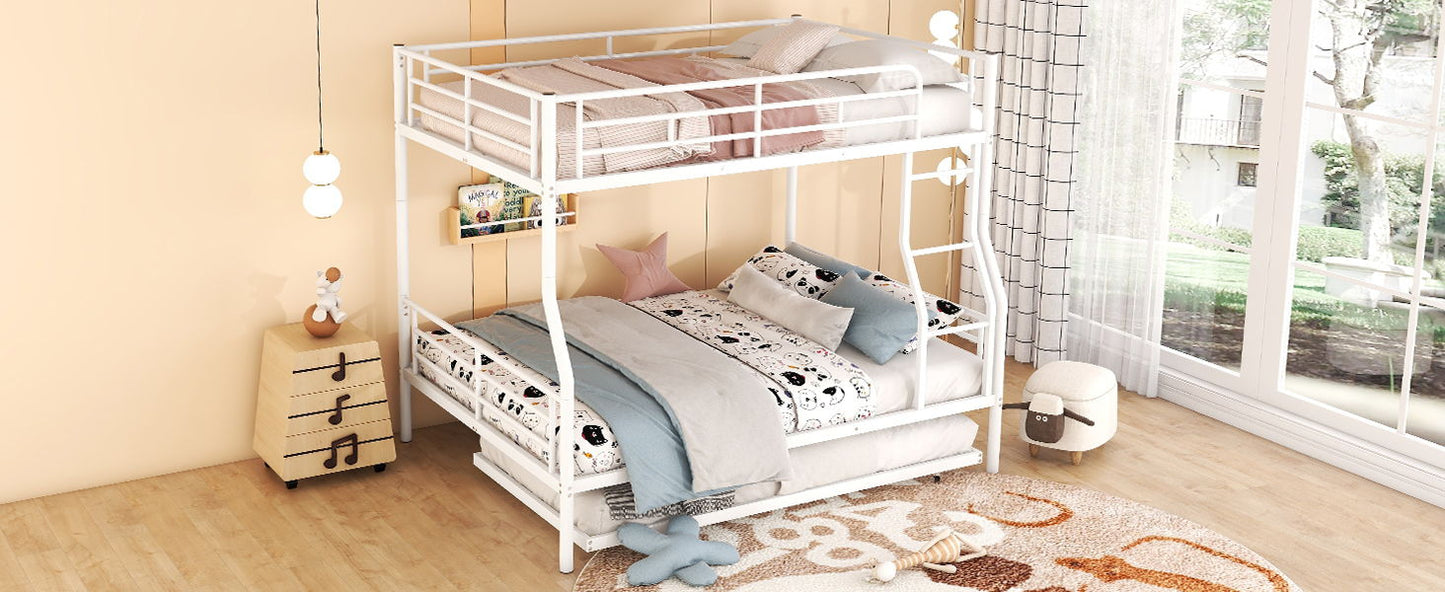 Full Long Over Queen Metal Bunk Bed With Trundle - White