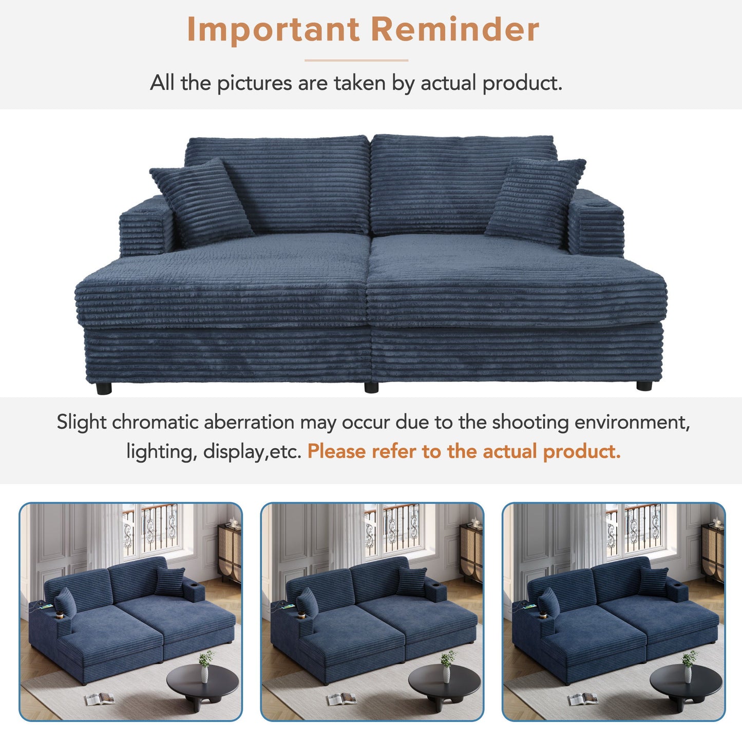 Oversized Loveseat Chaise Lounge Sectional Sofa Bed Corduroy Sleeper Sofa With 2 USB Ports, 2 Cup Holders And 2 Throw Pillows For Living Room And Bedroom - Blue