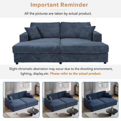 Oversized Loveseat Chaise Lounge Sectional Sofa Bed Corduroy Sleeper Sofa With 2 USB Ports, 2 Cup Holders And 2 Throw Pillows For Living Room And Bedroom - Blue