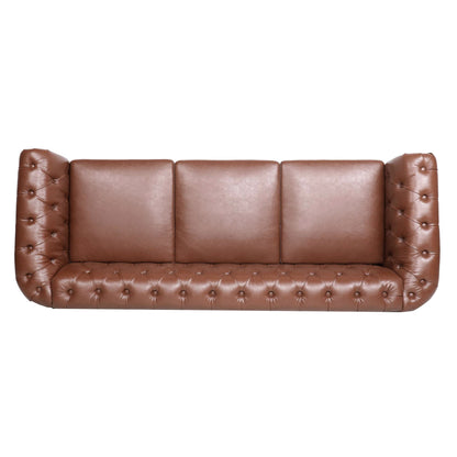 Rolled Arm Chesterfield Three Seater Sofa - Brown