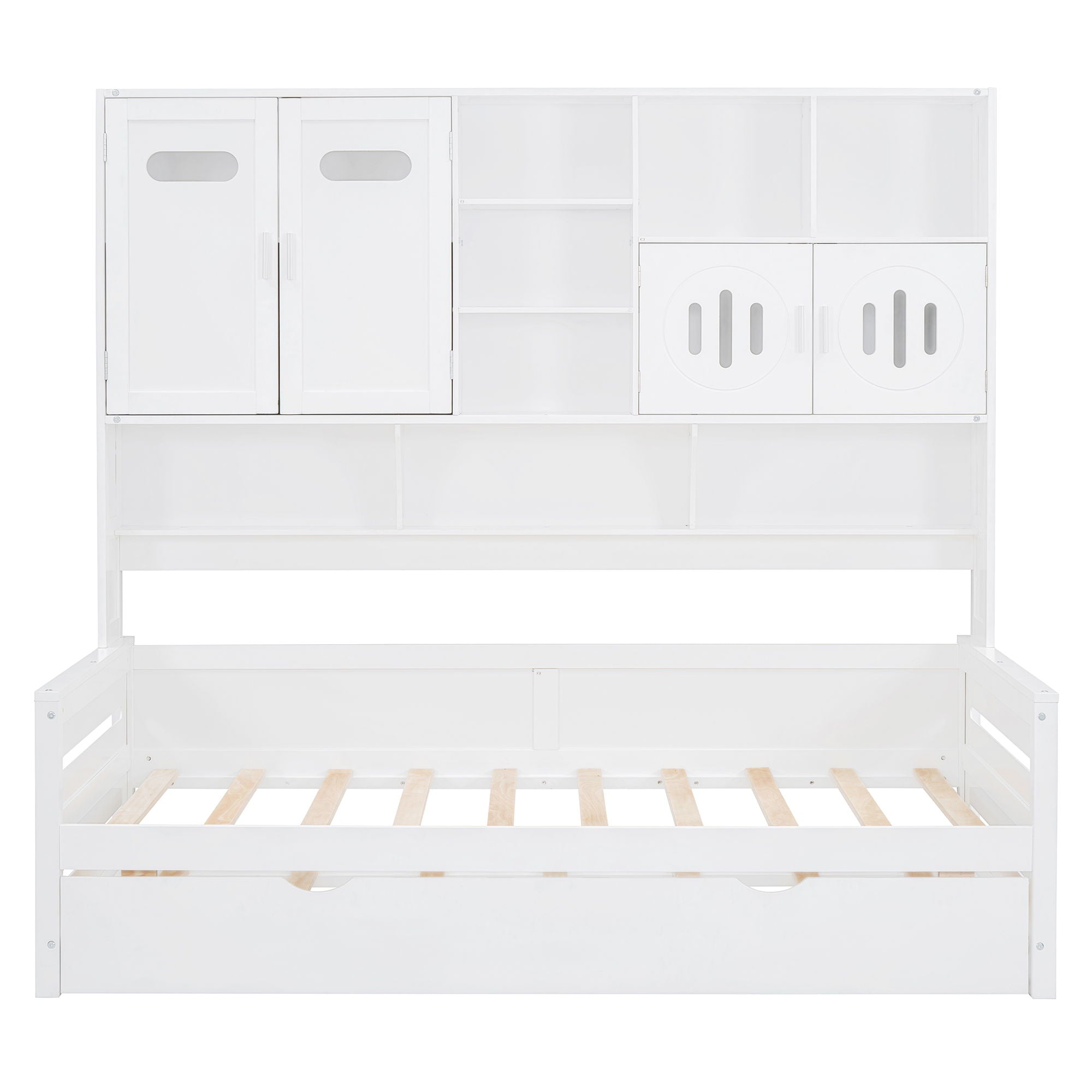 Twin Size Wooden Daybed With Twin Size Trundle, And All In One Cabinet And Shelf - White
