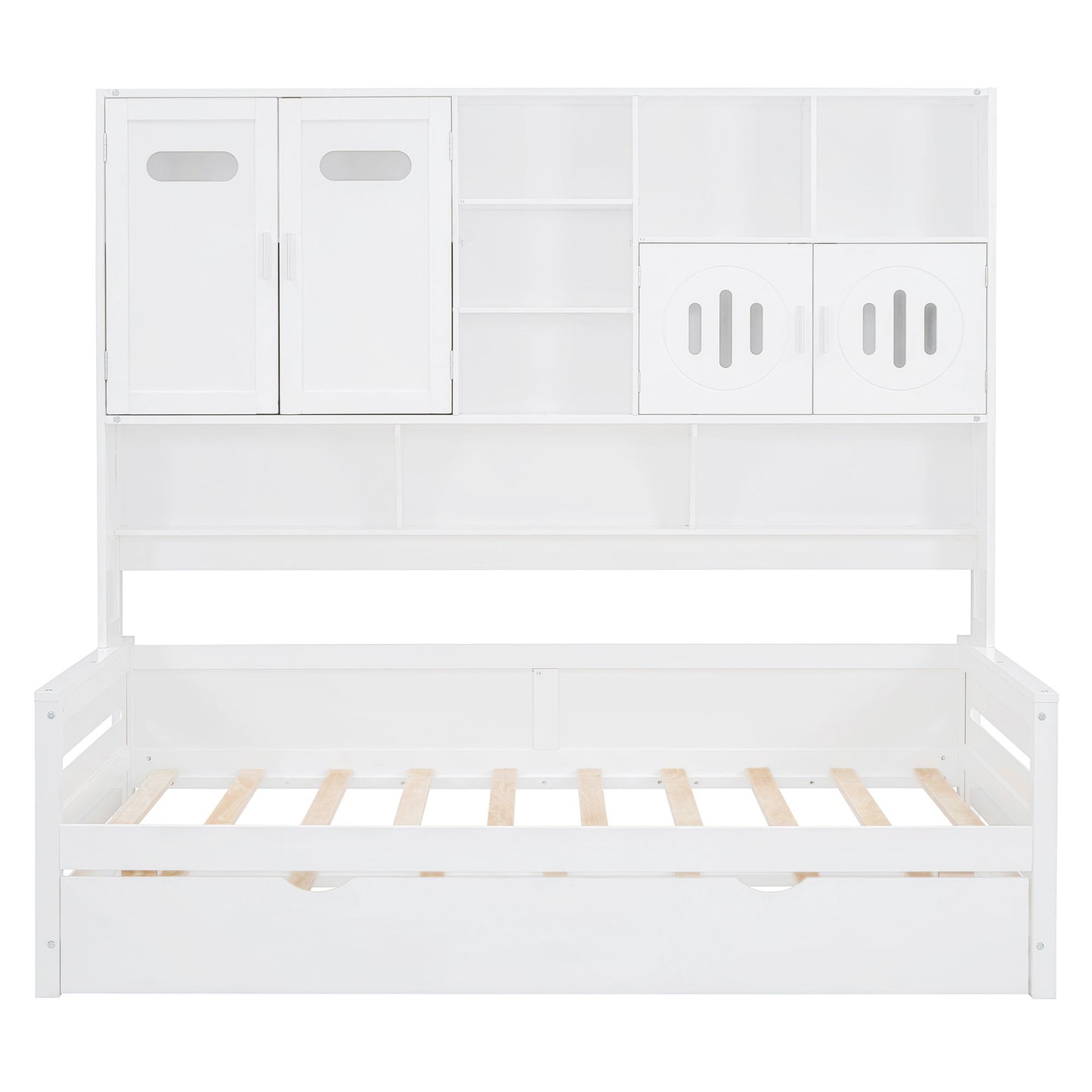 Twin Size Wooden Daybed With Twin Size Trundle, And All In One Cabinet And Shelf - White